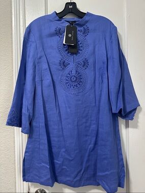 Rena Lange 100%Linen Royal Blue Embroidered Tunic Top